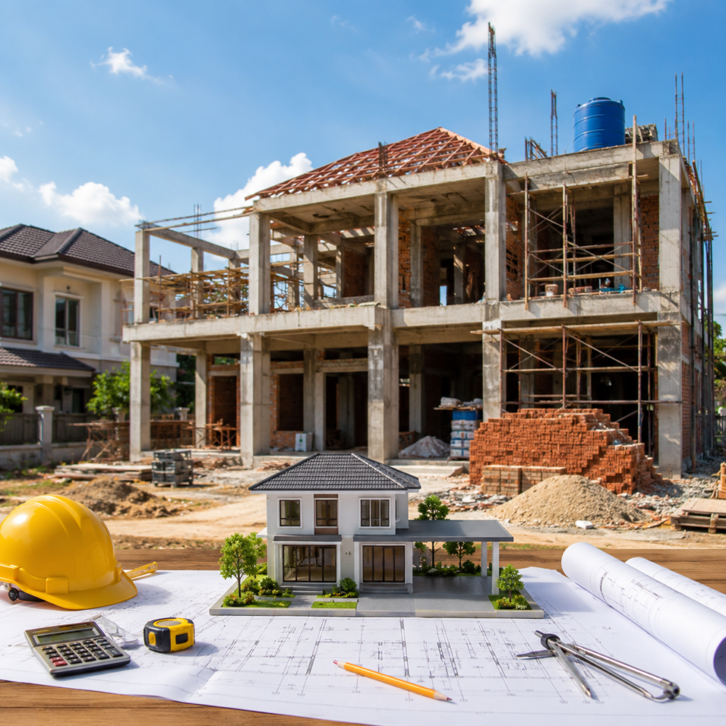 Modern residential house under construction in India with architectural plans representing the complete home construction timeline from plot to possession.
