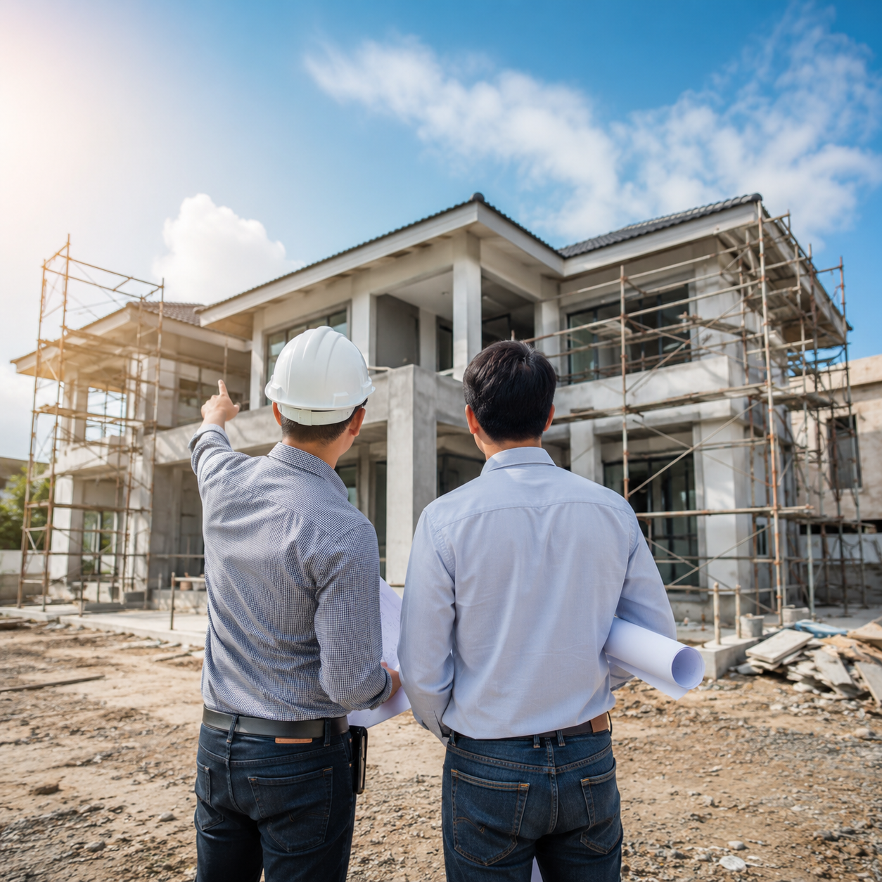 Design-build vs traditional construction project with professionals reviewing building plans