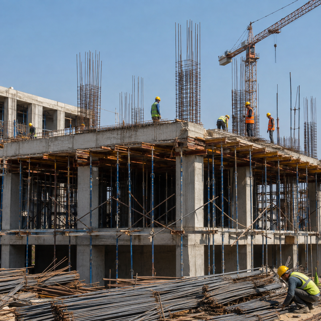 Modern building construction techniques used in residential house construction in Jaipur with engineers and workers on site