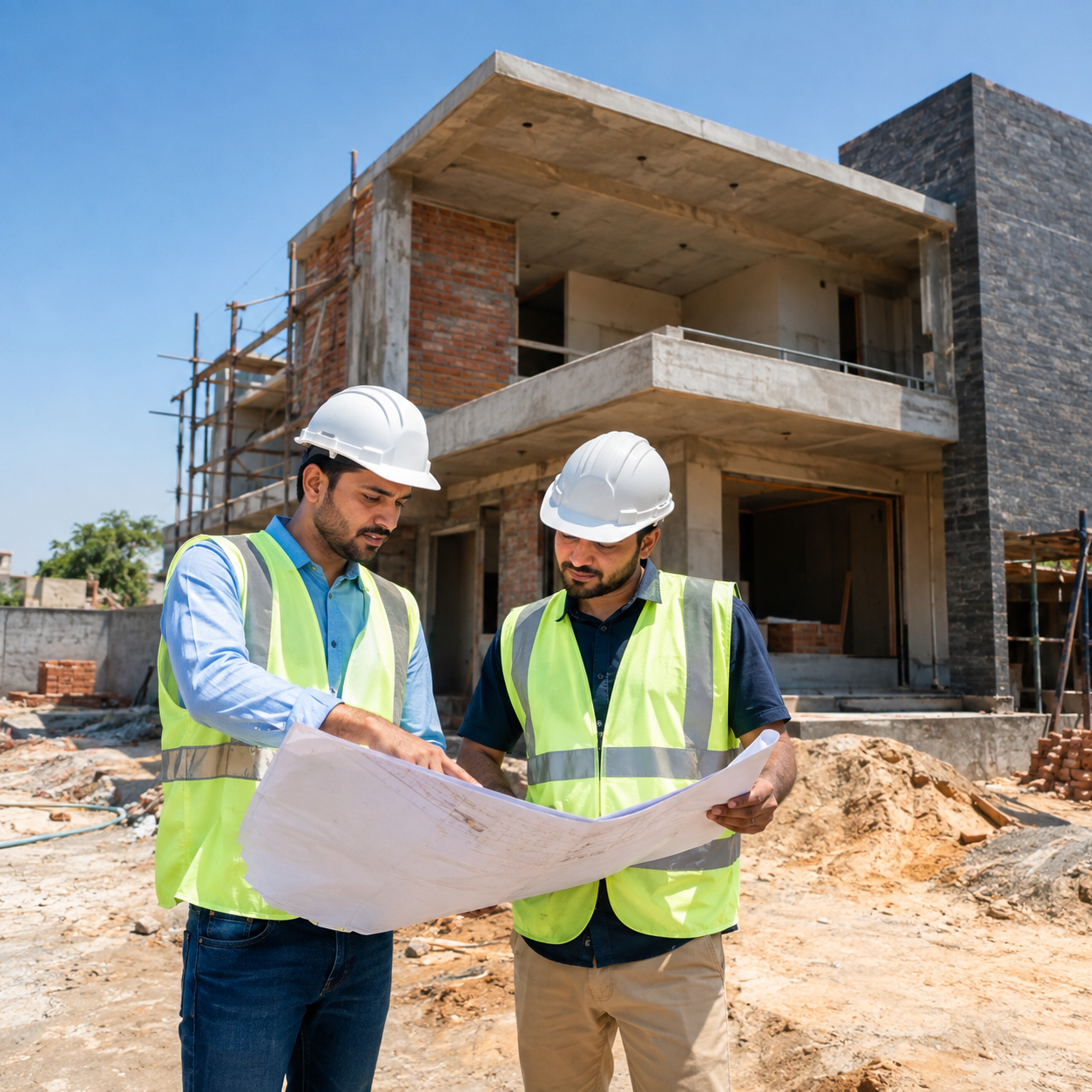 Professional civil construction contractors in Jaipur reviewing building plans at a modern residential construction site.