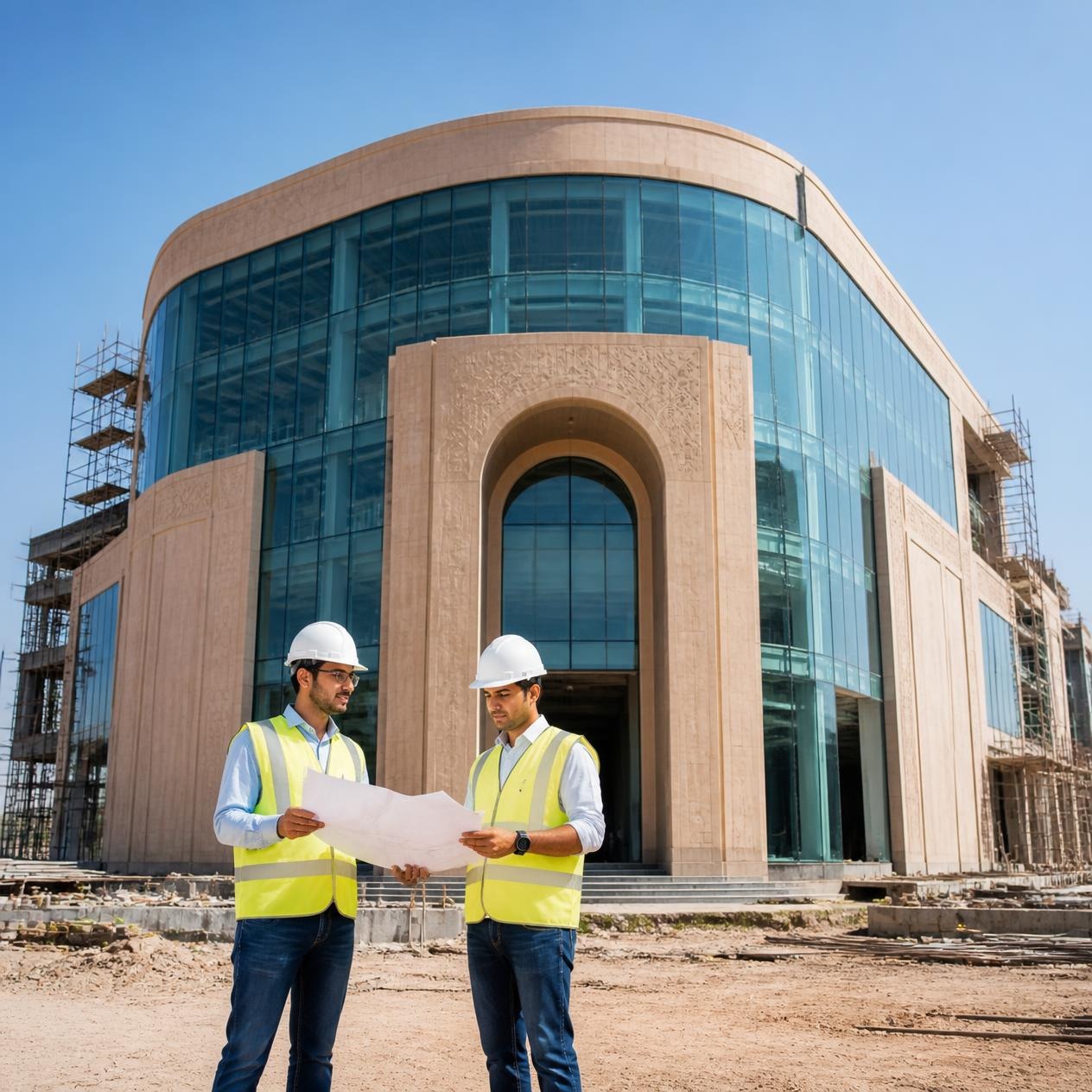 Professionals from a commercial building construction company in Jaipur reviewing plans at a modern construction site.
