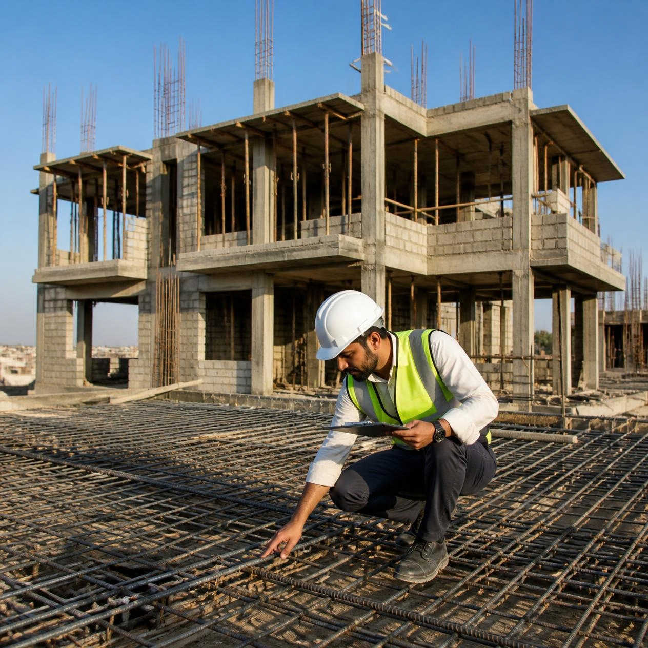 Structural engineer visits site to inspect steel rebar framework during G+2 residential house construction in Jaipur.
