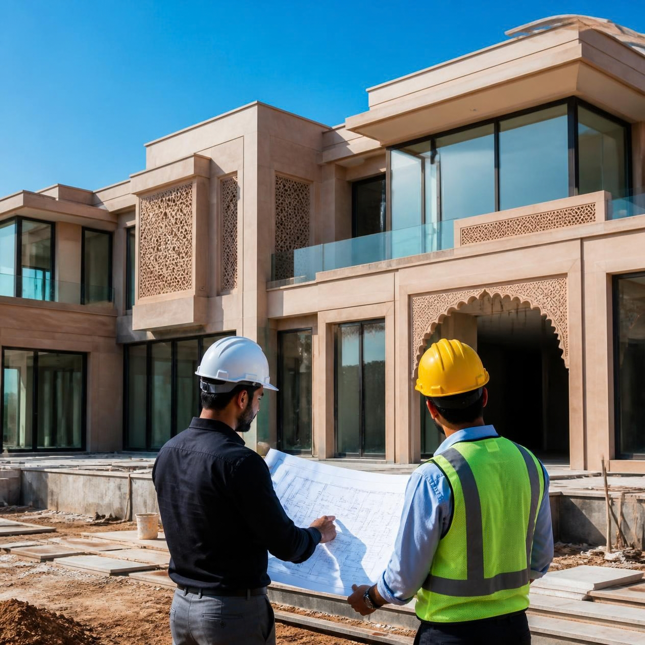 Professional engineers from a top villa construction company in Jaipur inspecting a modern luxury home site.