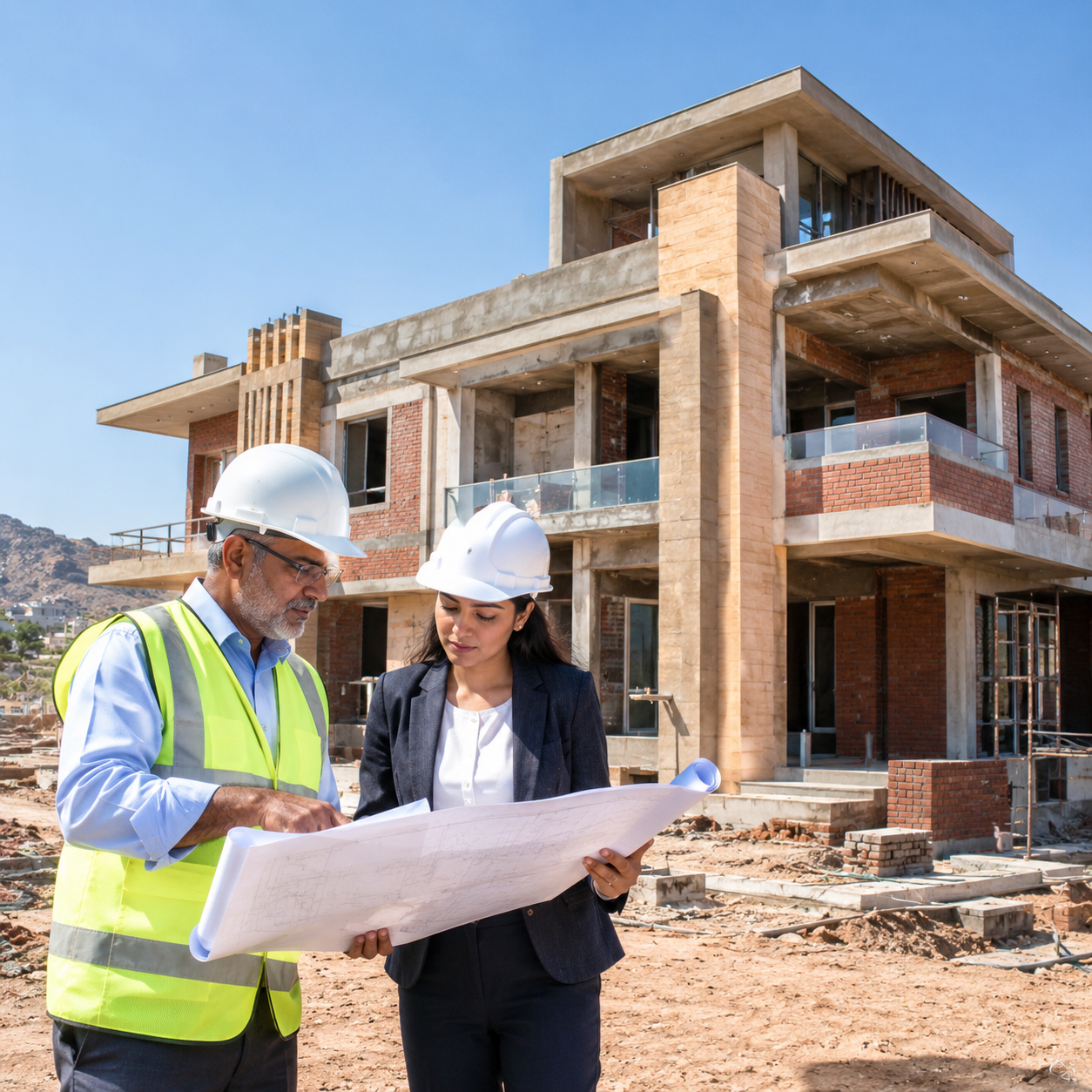 Civil engineer and architect inspecting a residential villa site using a house construction guide in Jaipur.
