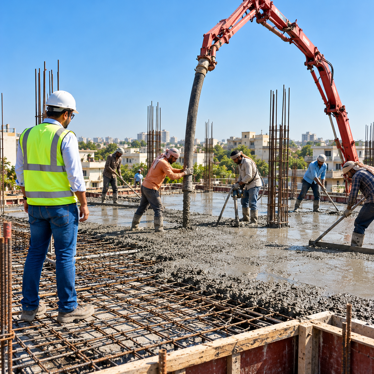 Civil engineers supervising pre mix concrete pumping and slab casting on a residential site in Jaipur.