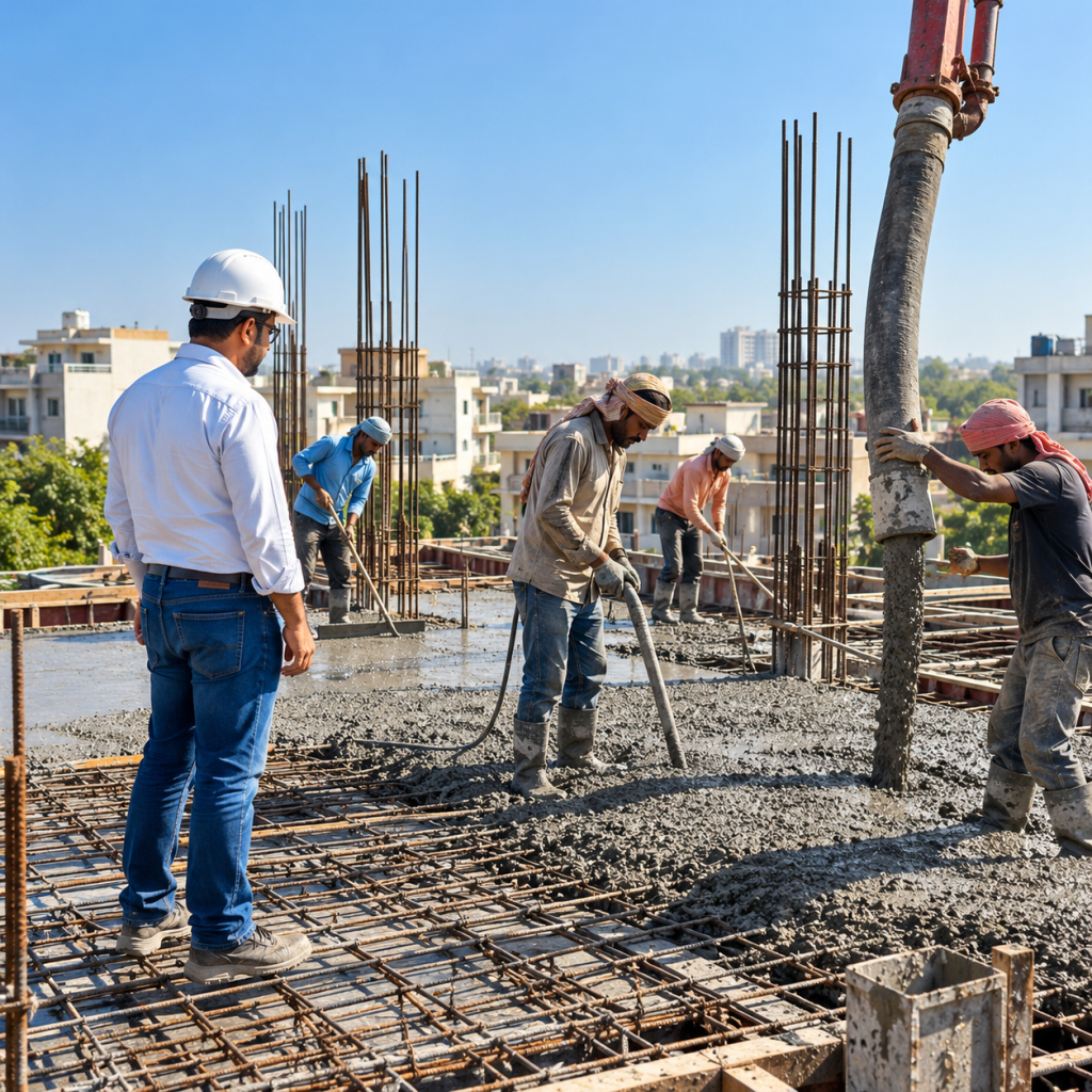 Civil engineers supervising concrete pouring to prevent RCC roof seepage on a residential site in Jaipur.