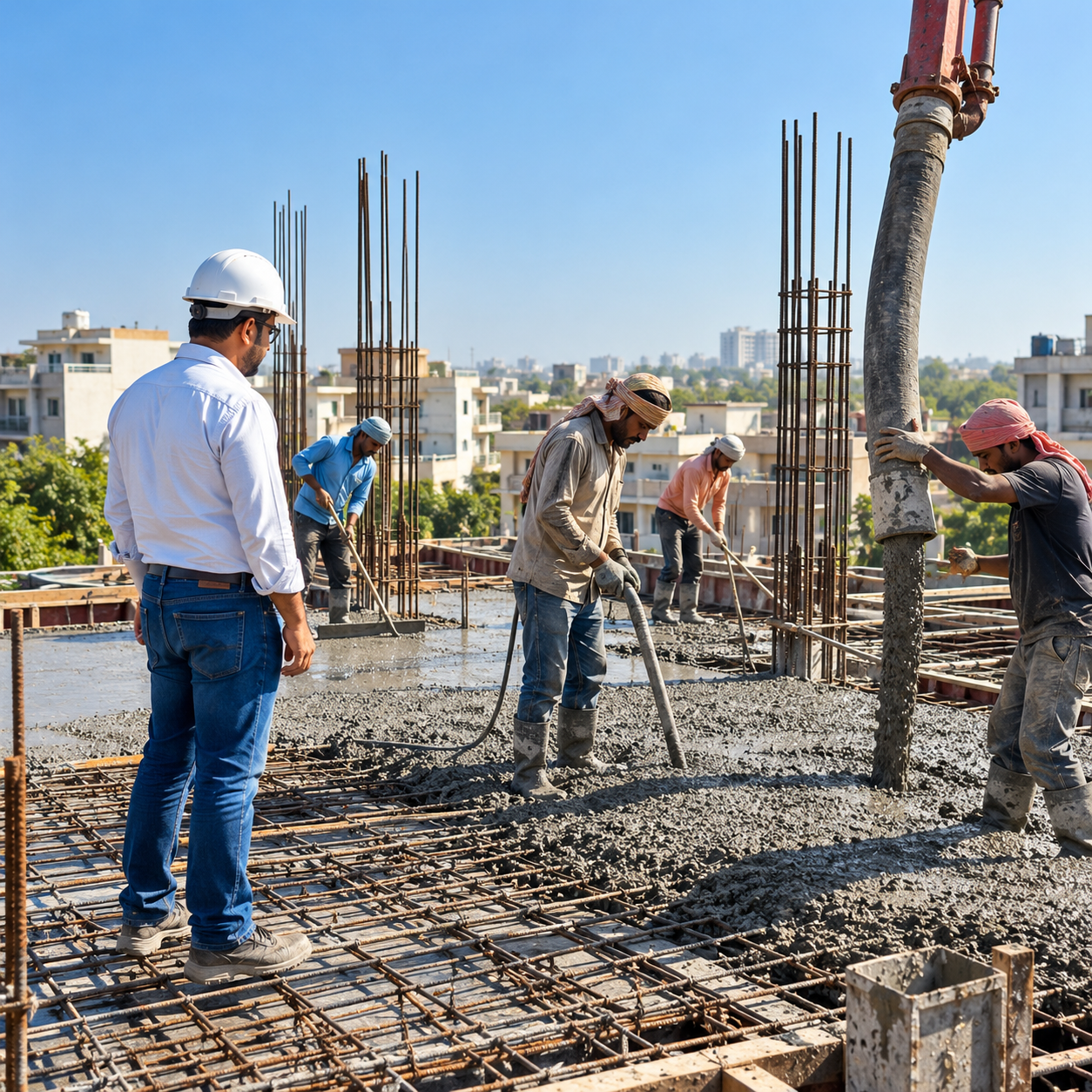 Civil engineers supervising concrete pouring to prevent RCC roof seepage on a residential site in Jaipur.