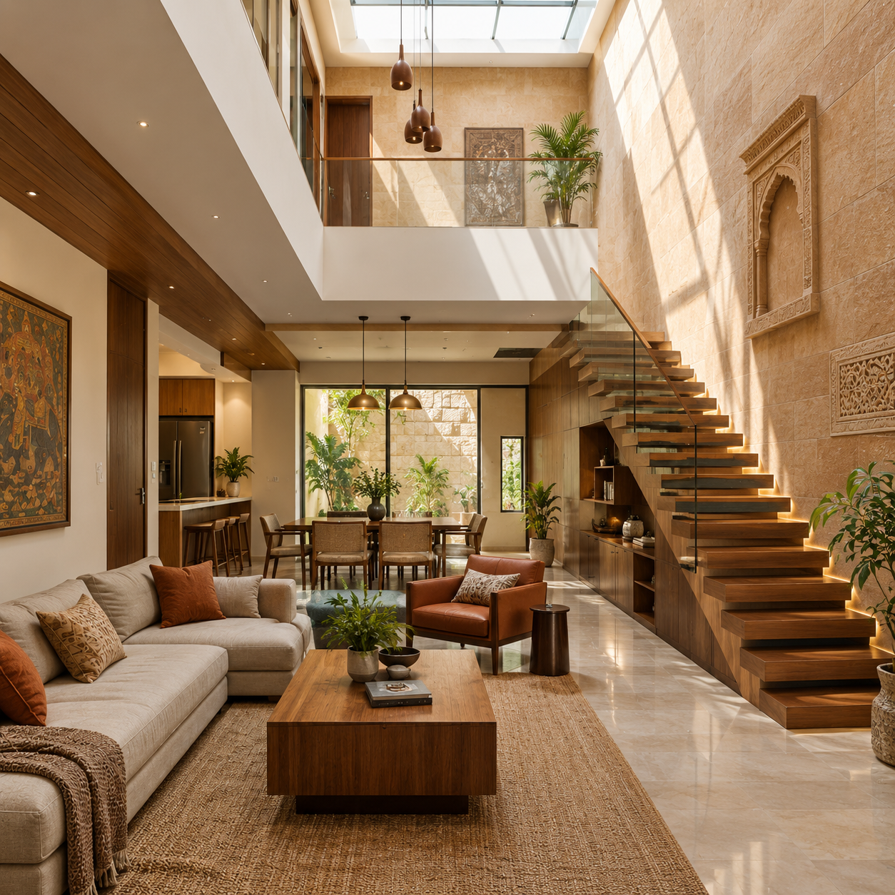 Open-plan interior design showing small plot layout optimization in a modern Jaipur home.